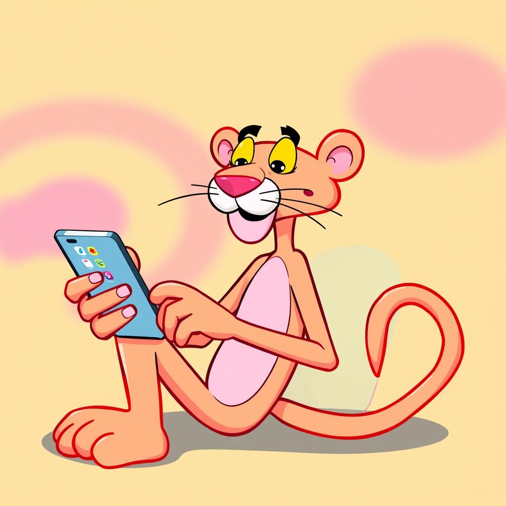 A yellow version of the Pink Panther character, cartoon-style, sitting comfortably while using a modern smartphone