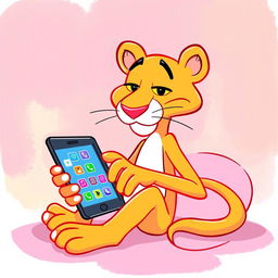 A yellow version of the Pink Panther character, cartoon-style, sitting comfortably while using a modern smartphone