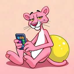 A yellow version of the Pink Panther character, cartoon-style, sitting comfortably while using a modern smartphone