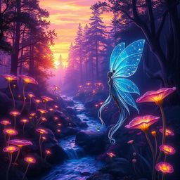 A vibrant and magical forest at sunset, illuminated by warm golden and purple hues