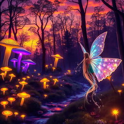 A vibrant and magical forest at sunset, illuminated by warm golden and purple hues