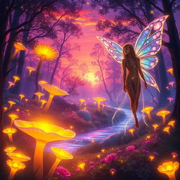 A vibrant and magical forest at sunset, illuminated by warm golden and purple hues