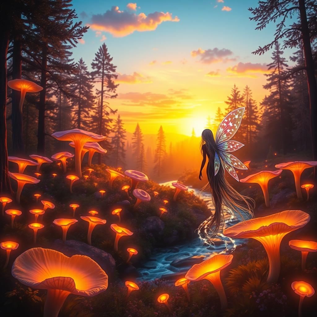 A vibrant and magical forest at sunset, illuminated by warm golden and purple hues