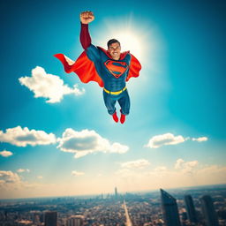 A powerful superhero soaring through a bright blue sky, wearing a vibrant red and blue suit with a flowing cape, muscular physique, and a confident expression