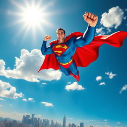 A powerful superhero soaring through a bright blue sky, wearing a vibrant red and blue suit with a flowing cape, muscular physique, and a confident expression