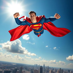 A powerful superhero soaring through a bright blue sky, wearing a vibrant red and blue suit with a flowing cape, muscular physique, and a confident expression