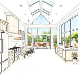 A two-point perspective drawing of a spacious, luxurious kitchen in a large house