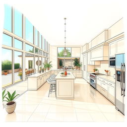 A two-point perspective drawing of a spacious, luxurious kitchen in a large house
