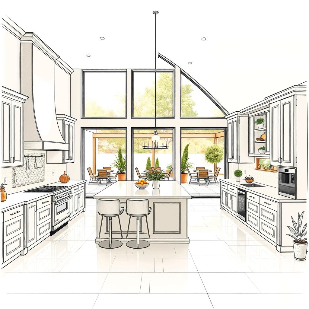 A two-point perspective drawing of a spacious, luxurious kitchen in a large house