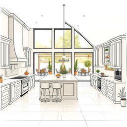 A two-point perspective drawing of a spacious, luxurious kitchen in a large house