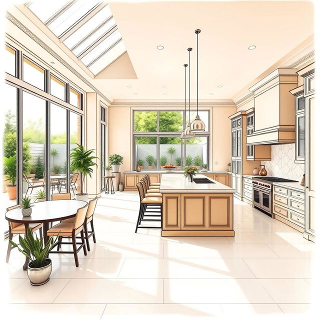 A two-point perspective drawing of a spacious, luxurious kitchen in a large house