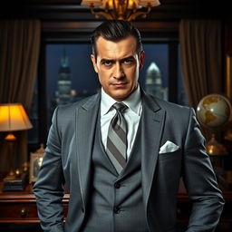 A powerful man in a tailored grey suit, exuding the presence of a mafia boss