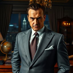 A powerful man in a tailored grey suit, exuding the presence of a mafia boss