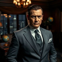 A powerful man in a tailored grey suit, exuding the presence of a mafia boss