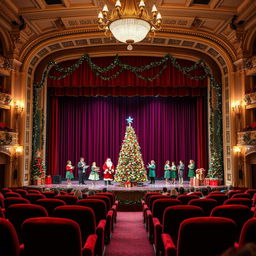 A Christmas scene on stage, viewed from the auditorium of a theater