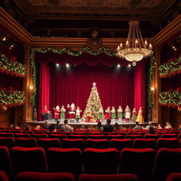 A Christmas scene on stage, viewed from the auditorium of a theater