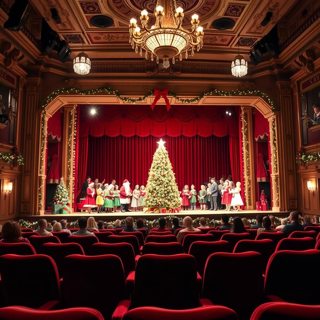 A Christmas scene on stage, viewed from the auditorium of a theater