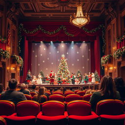 A Christmas scene on stage, viewed from the auditorium of a theater