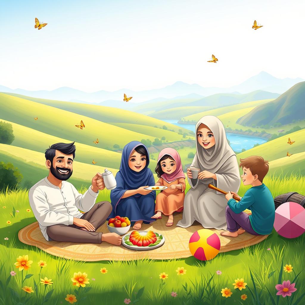 A cheerful Muslim family enjoying a picnic in a sunny green valley