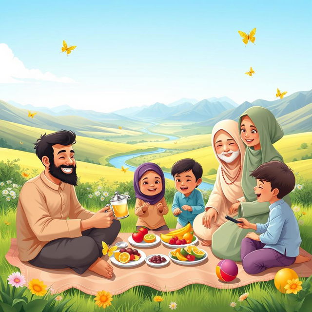 A cheerful Muslim family enjoying a picnic in a sunny green valley