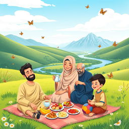A cheerful Muslim family enjoying a picnic in a sunny green valley