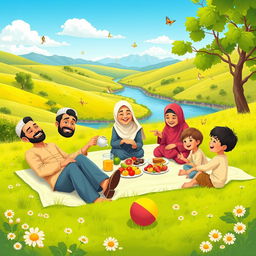 A cheerful Muslim family enjoying a picnic in a sunny green valley
