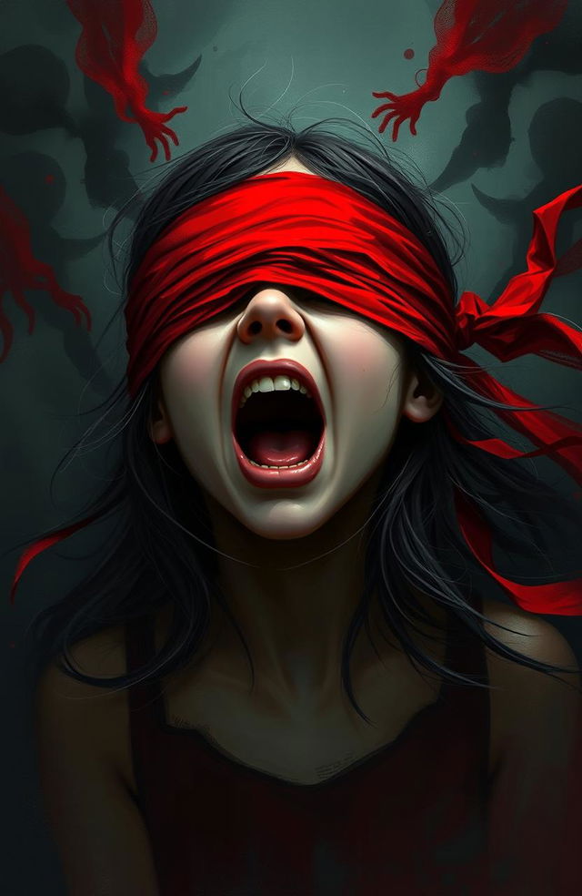 A digital painting of a girl with a blindfold made of vibrant red cloth covering her eyes