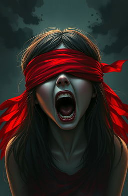 A digital painting of a girl with a blindfold made of vibrant red cloth covering her eyes
