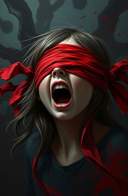 A digital painting of a girl with a blindfold made of vibrant red cloth covering her eyes