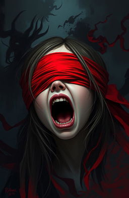 A digital painting of a girl with a blindfold made of vibrant red cloth covering her eyes