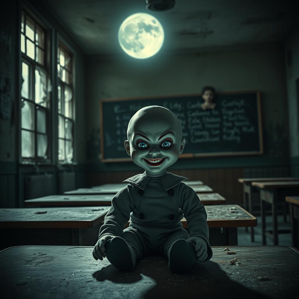 A sinister-looking doll with hauntingly realistic features, sitting alone in a dimly lit, abandoned classroom of a creepy old school