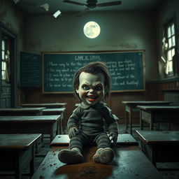 A sinister-looking doll with hauntingly realistic features, sitting alone in a dimly lit, abandoned classroom of a creepy old school