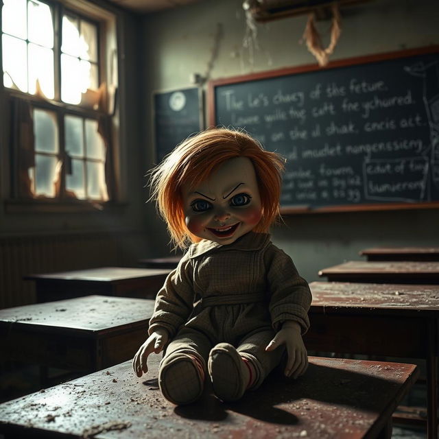 A sinister-looking doll with hauntingly realistic features, sitting alone in a dimly lit, abandoned classroom of a creepy old school