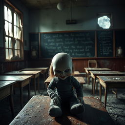 A sinister-looking doll with hauntingly realistic features, sitting alone in a dimly lit, abandoned classroom of a creepy old school