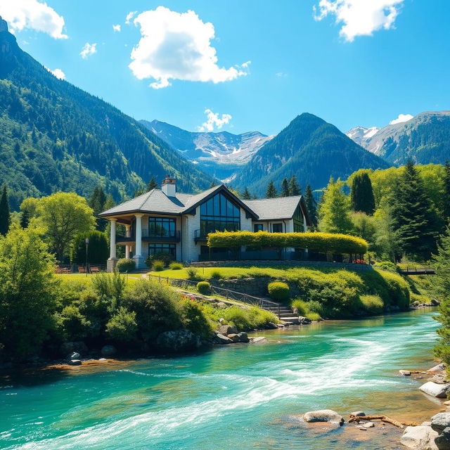 A beautiful villa house situated on a mountain, surrounded by lush greenery