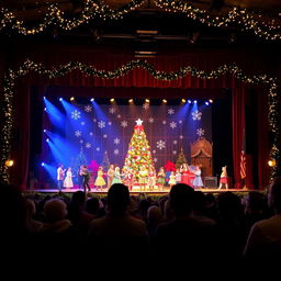 A theater stage showcasing a vibrant Christmas scene, viewed from the audience's seating area