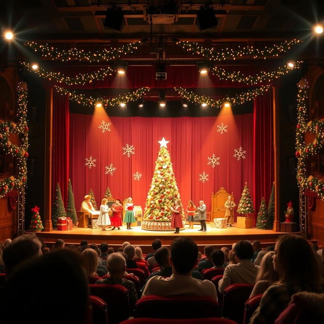 A theater stage showcasing a vibrant Christmas scene, viewed from the audience's seating area