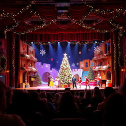 A theater stage showcasing a vibrant Christmas scene, viewed from the audience's seating area