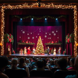 A theater stage showcasing a vibrant Christmas scene, viewed from the audience's seating area