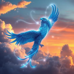 A majestic blue phoenix with glowing strands of light surrounding it, soaring gracefully through a vibrant sky
