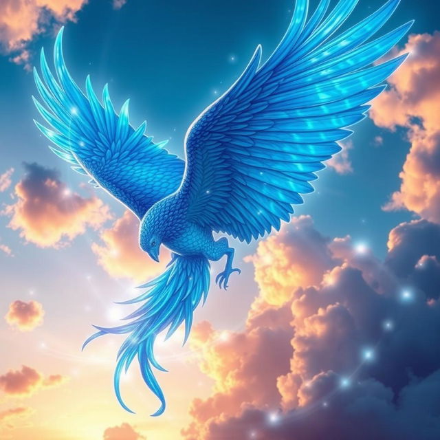 A majestic blue phoenix with glowing strands of light surrounding it, soaring gracefully through a vibrant sky