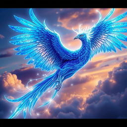 A majestic blue phoenix with glowing strands of light surrounding it, soaring gracefully through a vibrant sky