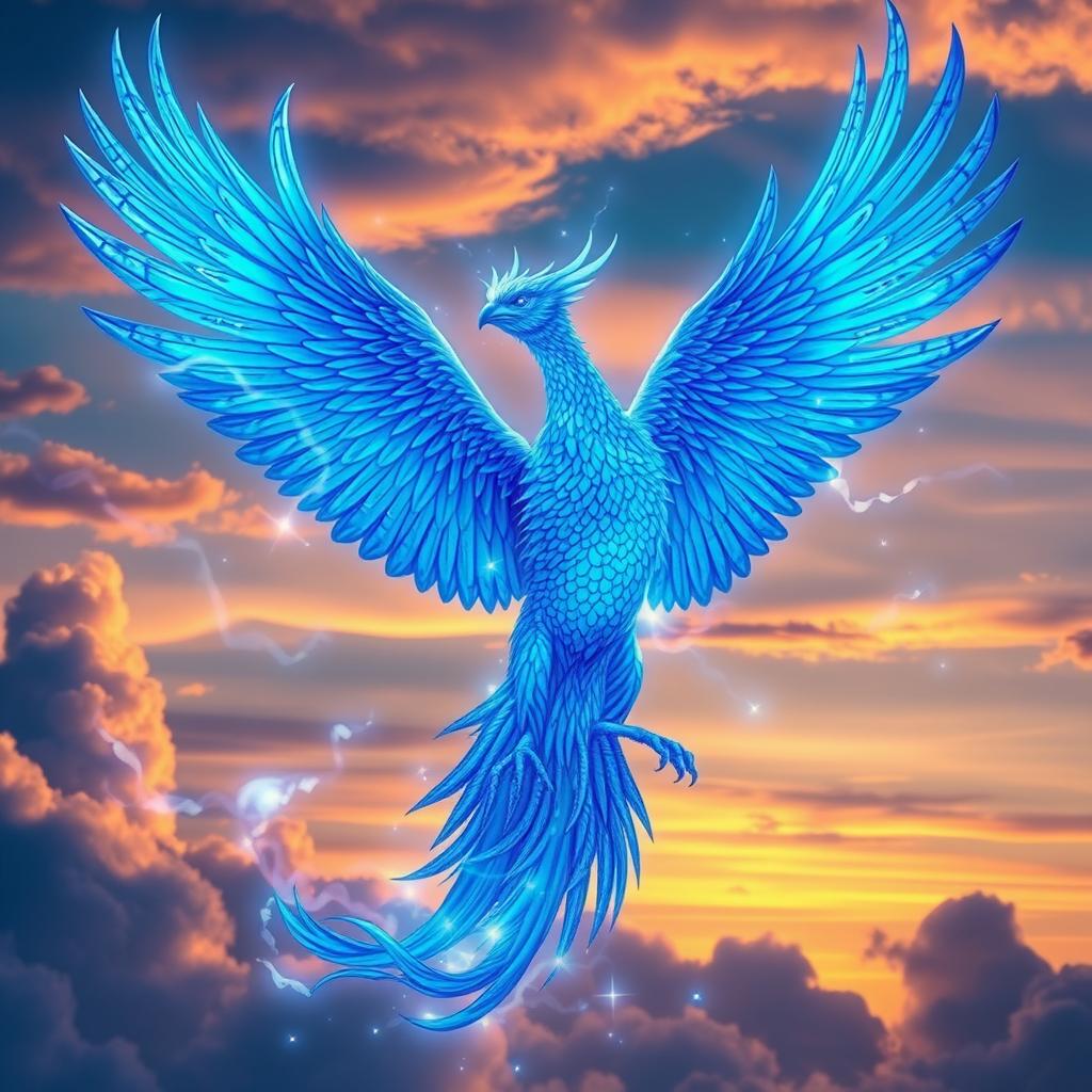 A majestic blue phoenix with glowing strands of light surrounding it, soaring gracefully through a vibrant sky