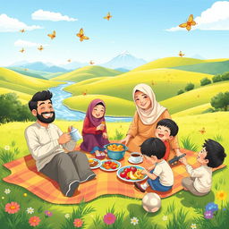 A joyful Muslim family having a picnic in a sunny green valley