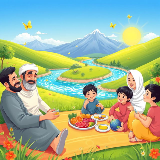 A joyful Muslim family having a picnic in a sunny green valley