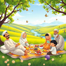 A joyful Muslim family having a picnic in a sunny green valley