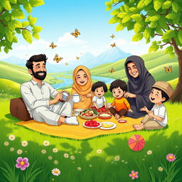 A joyful Muslim family having a picnic in a sunny green valley