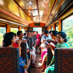 A vibrant scene inside a Sri Lankan train, featuring a diverse group of passengers enjoying the journey