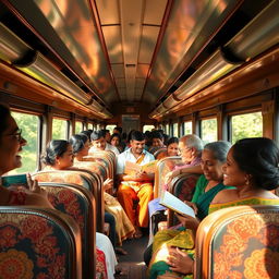 A vibrant scene inside a Sri Lankan train, featuring a diverse group of passengers enjoying the journey