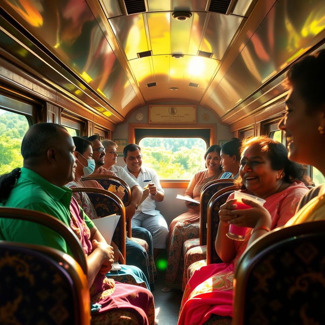 A vibrant scene inside a Sri Lankan train, featuring a diverse group of passengers enjoying the journey